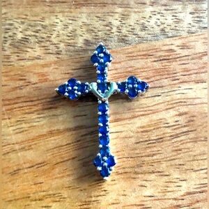 Blue Sapphire 925 Silver and 10K Yellow Gold Cross Pendant